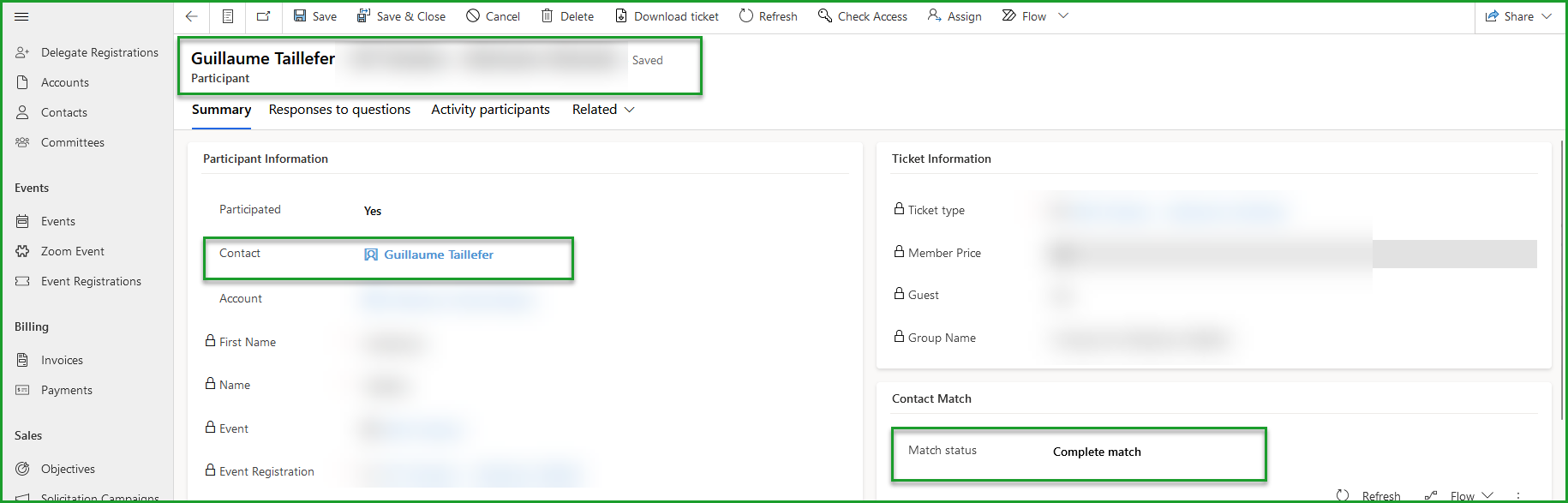 Verification of the creation of the contact with the participant file