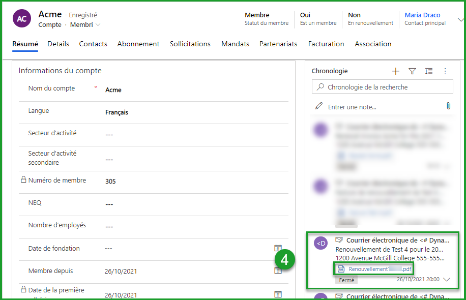 Consulter renouvellement dans la chronologie
