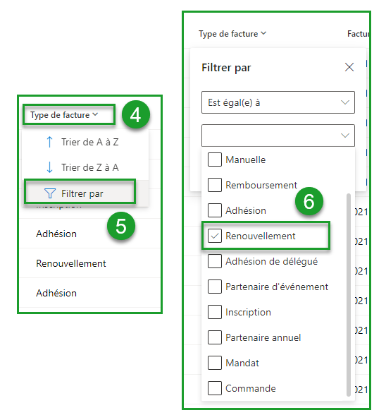 Filtrer Factures de Renouvellement