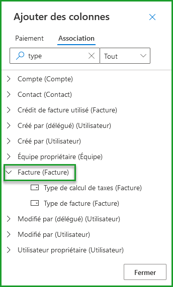 Colonnes d'entités associées
