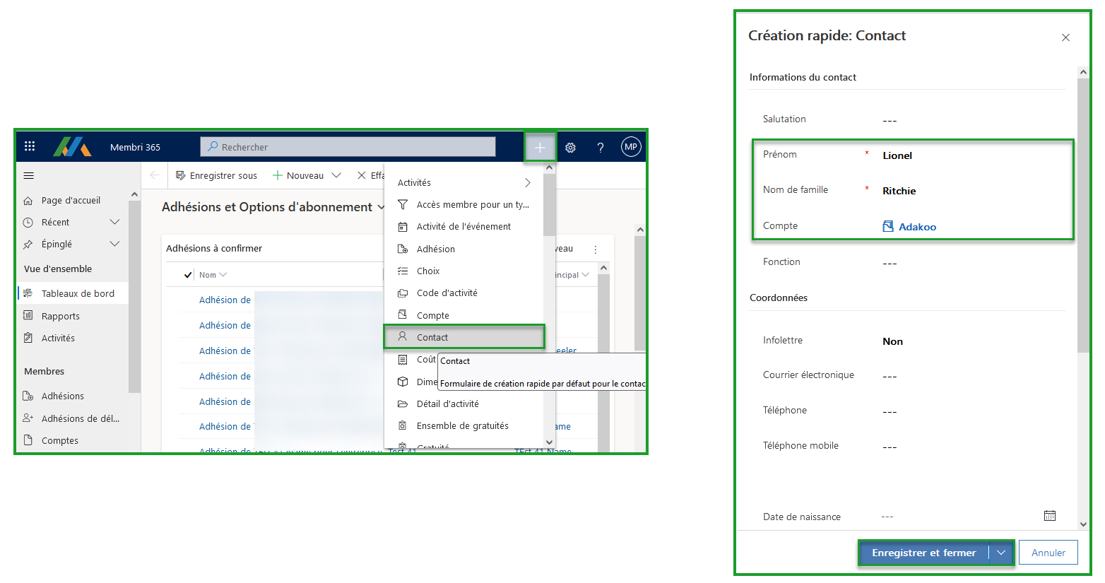 Création rapide de contact