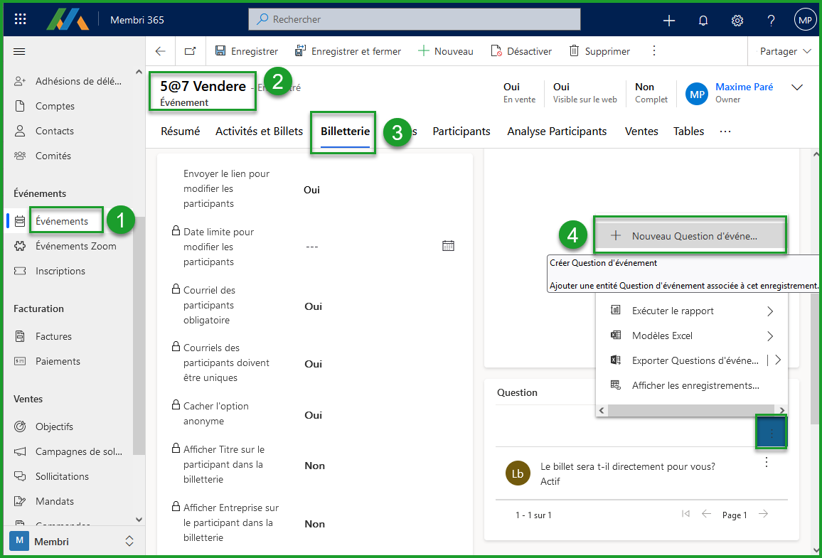 Question de l'événement sur la billetterie en ligne