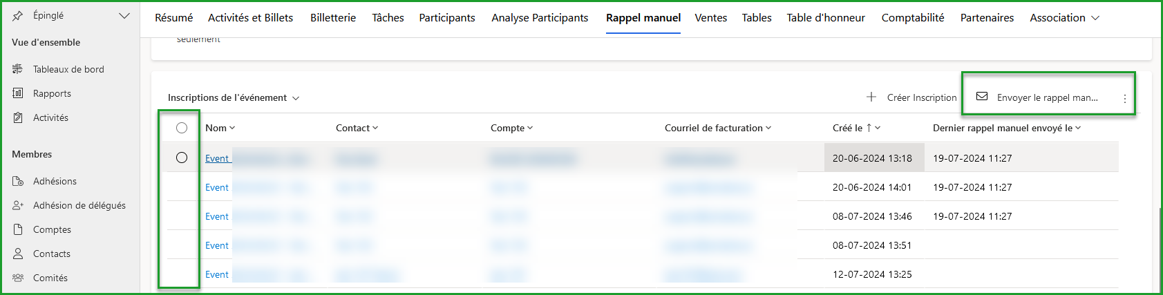 Envoi manuel du rappel