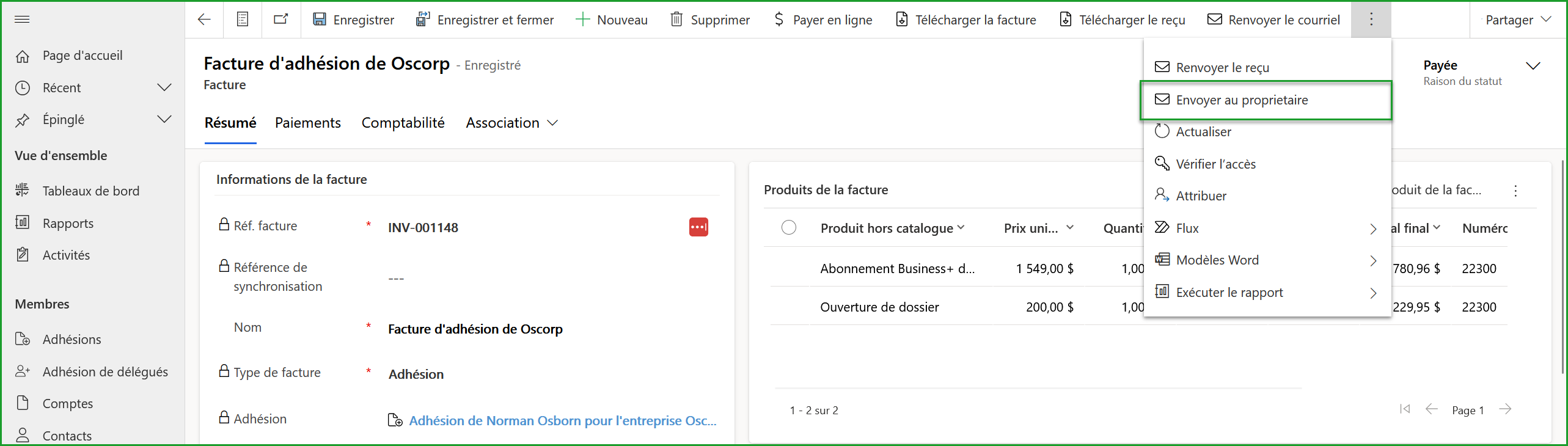 Envoyer une facture au propriétaire