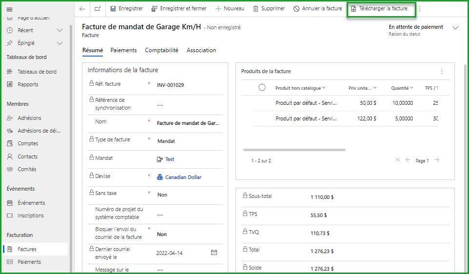 Télécharger une facture