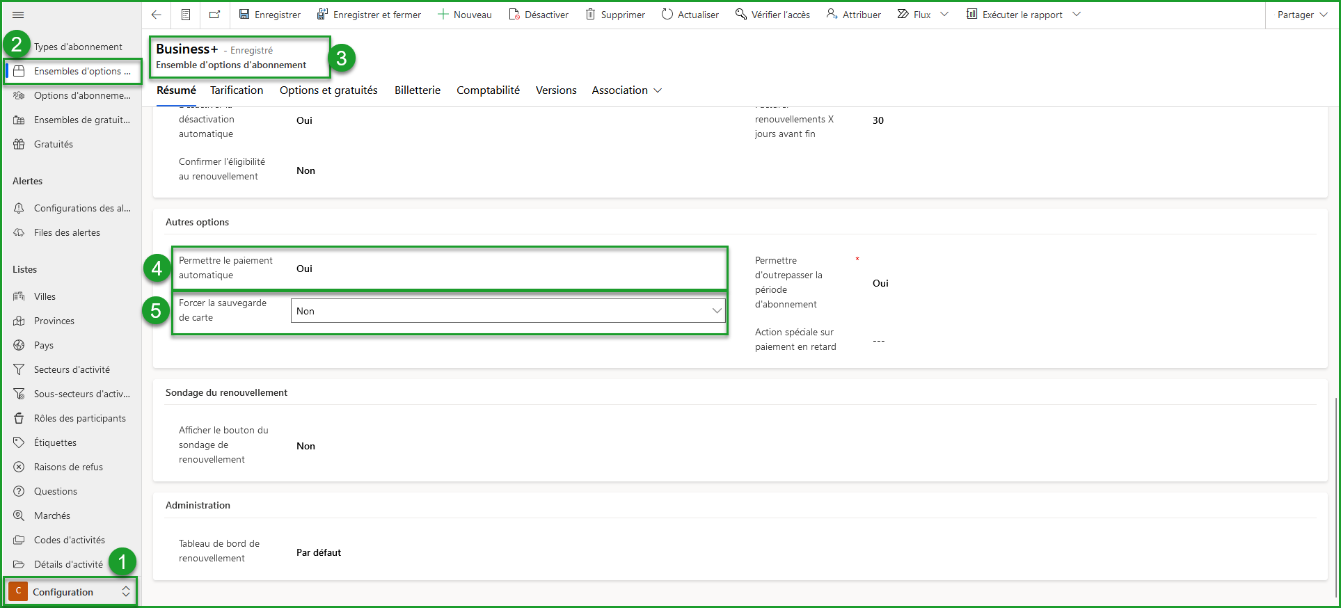 Étapes dans les ensembles d'options d'abonnement