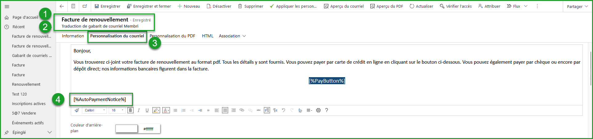Gabarit de courriel pour les factures de renouvellements