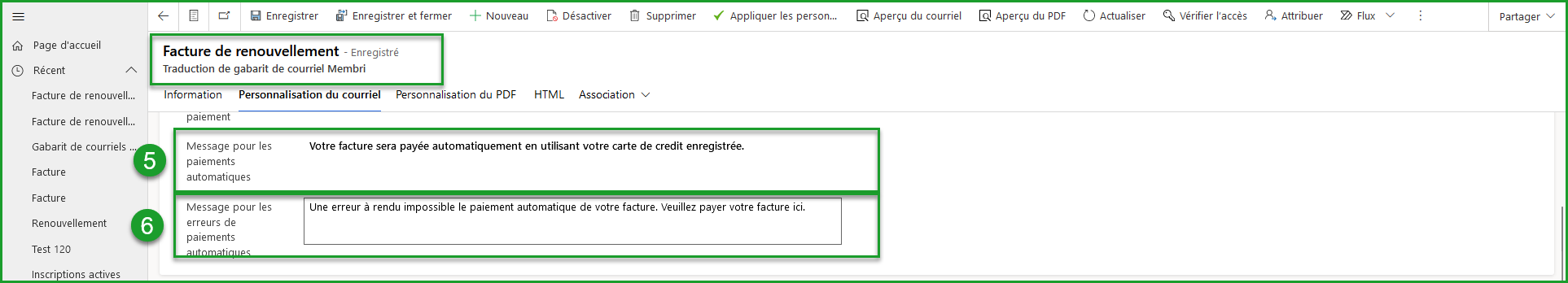 Gabarit de courriel pour les factures de renouvellements