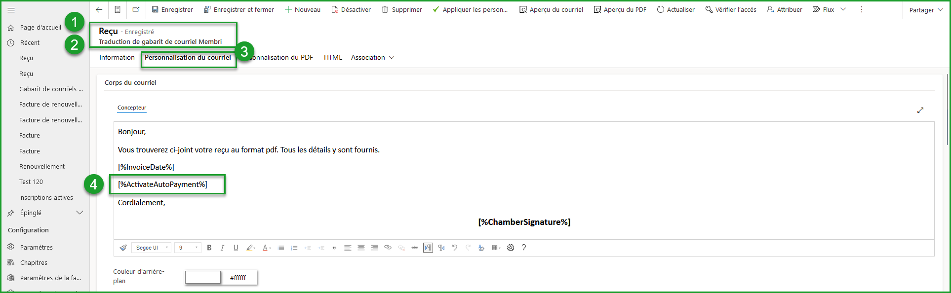 Gabarit de courriel pour les reçus