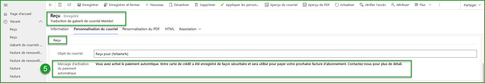 Gabarit de courriel pour les reçus