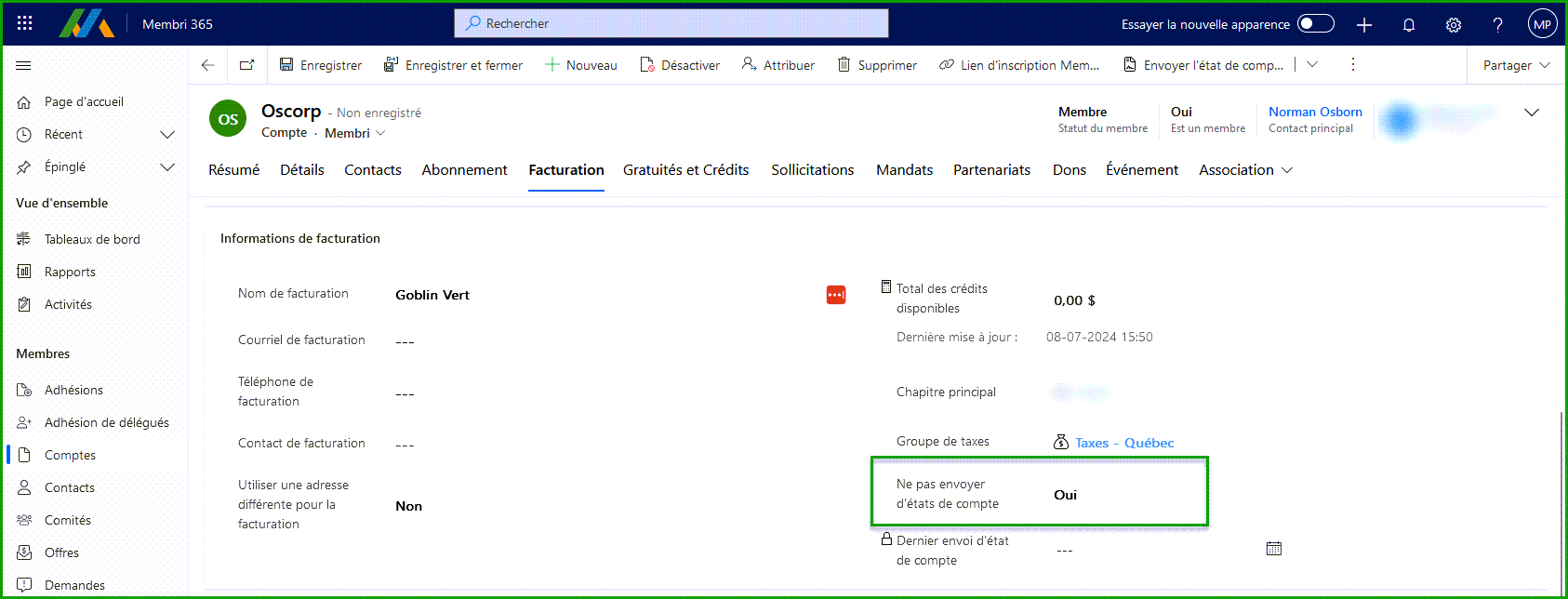 Exclure un compte des états de compte