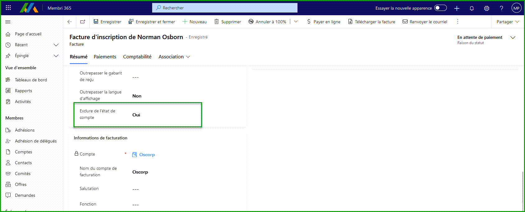 Exclure une facture des états de compte
